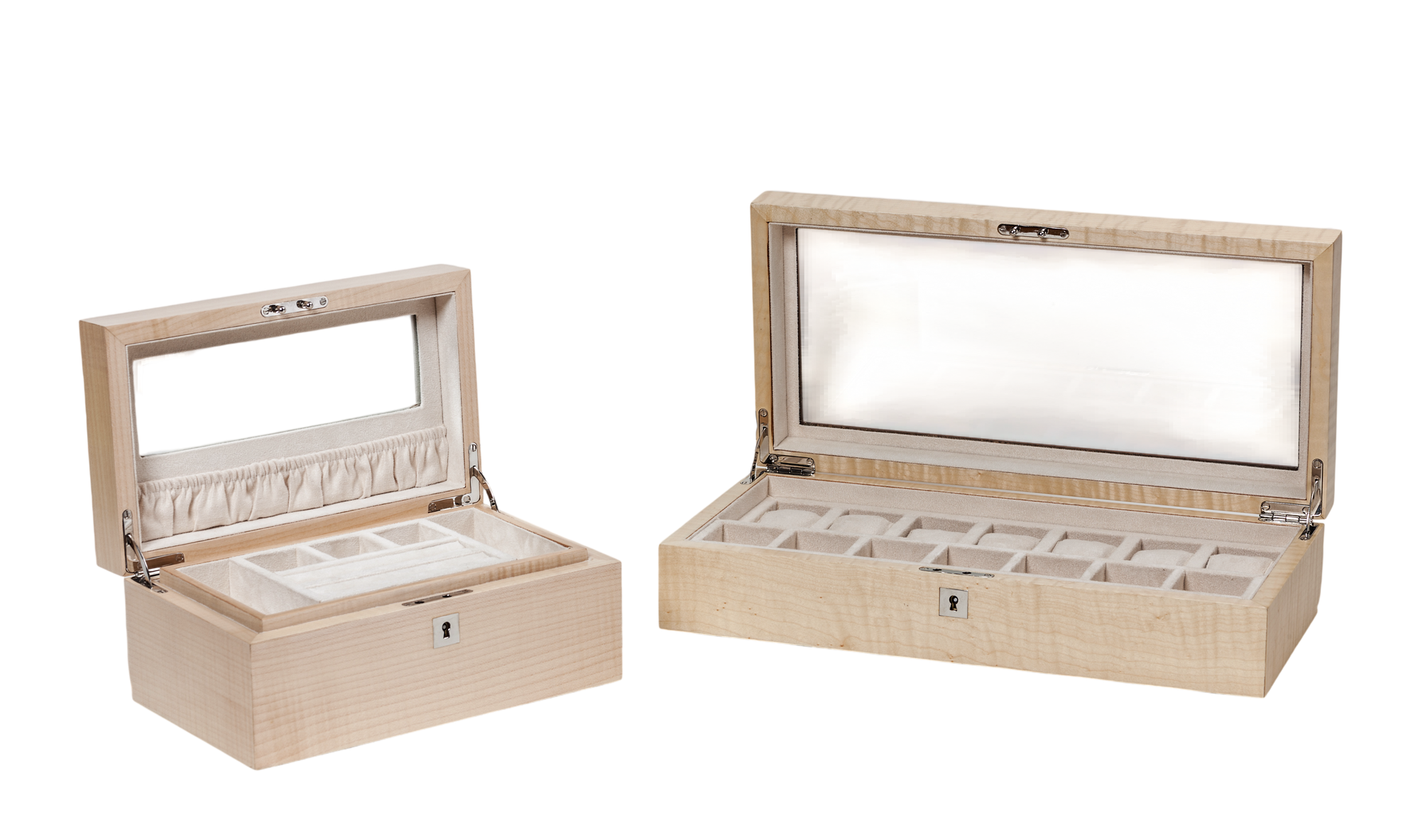 handcrafted figured sycamore watch and jewellery box rare wood luxury gift UK
