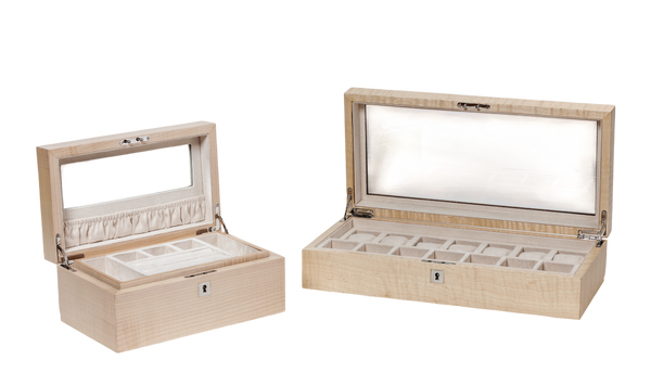 handcrafted figured sycamore watch and jewellery box rare wood luxury gift UK